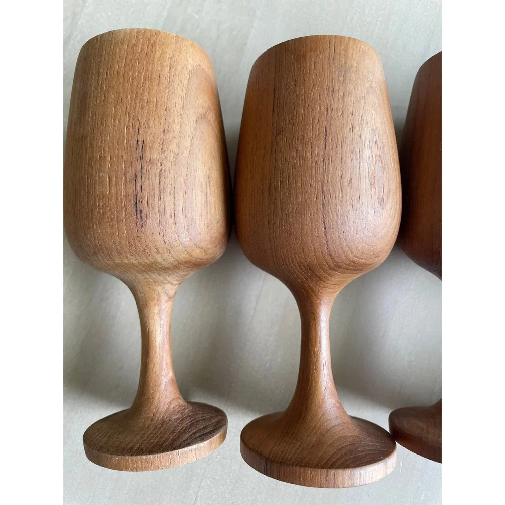Set of 4 Vintage Wooden Goblets Hand Turned Wood Wine Cups Mid Century Rustic